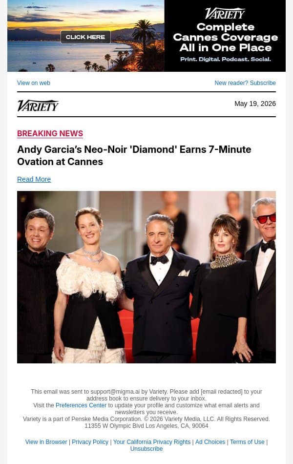 Andy Garcia’s Neo-Noir 'Diamond' Earns 7-Minute Ovation at Cannes email from Variety screenshot