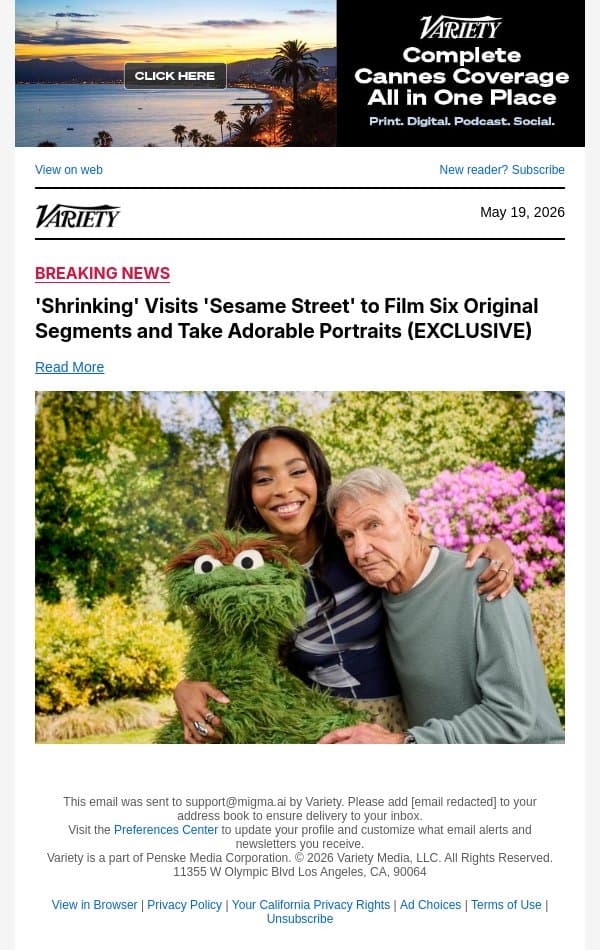 'Shrinking' Visits 'Sesame Street' to Film Six Original Segments and Take Adorable Portraits (EXCLUSIVE) email from Variety screenshot