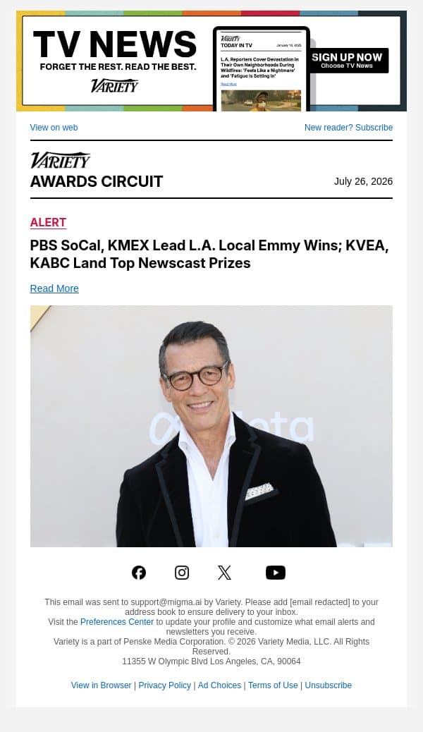 PBS SoCal, KMEX Lead L.A. Local Emmy Wins; KVEA, KABC Land Top Newscast Prizes email from Variety screenshot