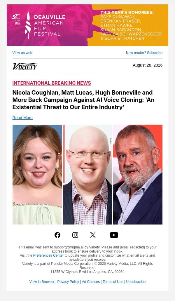 Nicola Coughlan, Matt Lucas, Hugh Bonneville and More Back Campaign Against AI Voice Cloning: 'An Existential Threat to Our Entire Industry' email from Variety screenshot