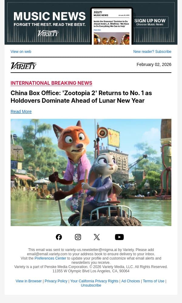 China Box Office: 'Zootopia 2' Returns to No. 1 as Holdovers Dominate Ahead of Lunar New Year email from Variety screenshot