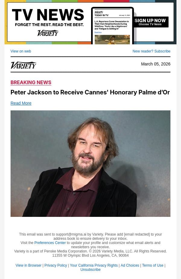 Peter Jackson to Receive Cannes' Honorary Palme d’Or email from Variety screenshot