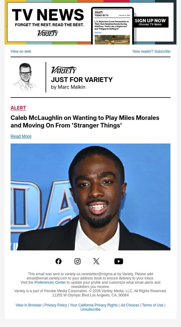 Caleb McLaughlin on Wanting to Play Miles Morales and Moving On From 'Stranger Things' email from Variety screenshot
