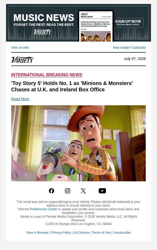 'Toy Story 5' Holds No. 1 as 'Minions & Monsters' Chases at U.K. and Ireland Box Office email from Variety screenshot