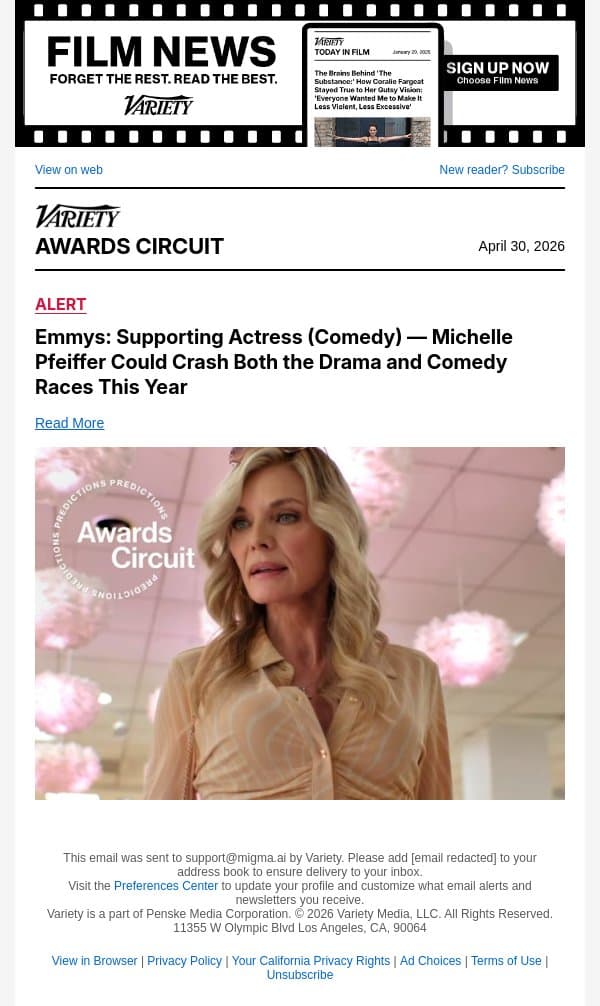 Emmys: Supporting Actress (Comedy) — Michelle Pfeiffer Could Crash Both the Drama and Comedy Races This Year email from Variety screenshot