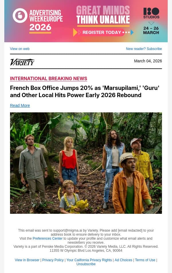 French Box Office Jumps 20% as 'Marsupilami,' 'Guru' and Other Local Hits Power Early 2026 Rebound email from Variety screenshot