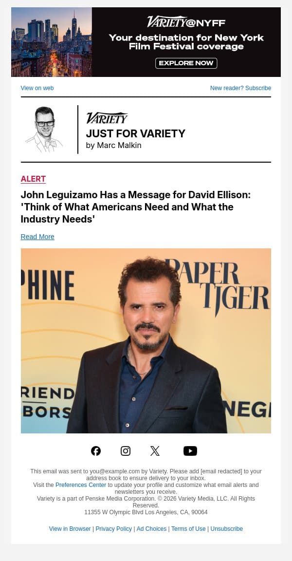 John Leguizamo Has a Message for David Ellison: 'Think of What Americans Need and What the Industry Needs' email from Variety screenshot