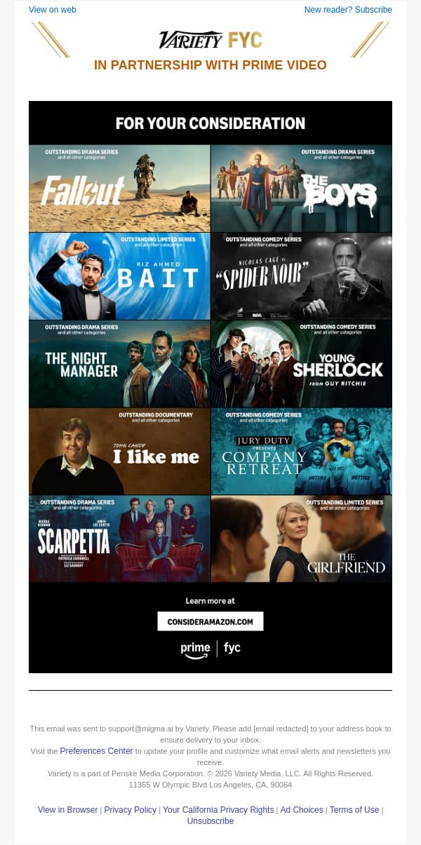 FYC Prime Video | A Season of Unforgettable Storytelling email from Variety screenshot