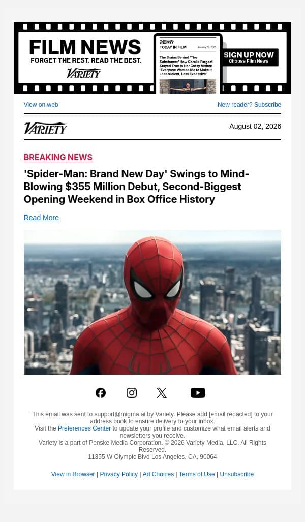'Spider-Man: Brand New Day' Swings to Mind-Blowing $355 Million Debut, Second-Biggest Opening Weekend in Box Office History email from Variety screenshot
