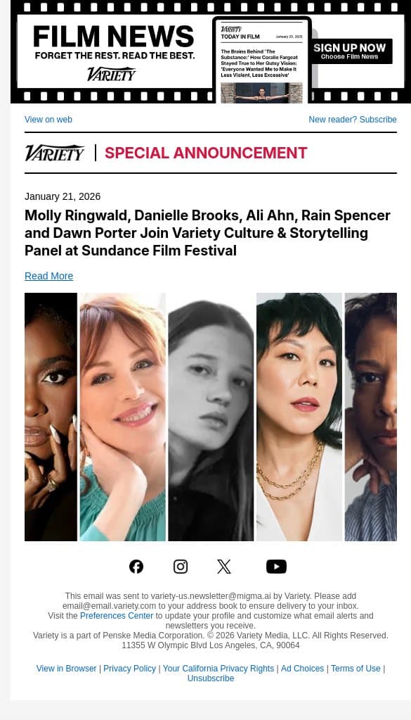 Molly Ringwald, Danielle Brooks, Ali Ahn, Rain Spencer and Dawn Porter Join Variety Culture and Storytelling Panel at Sundance Film Festival email from Variety screenshot