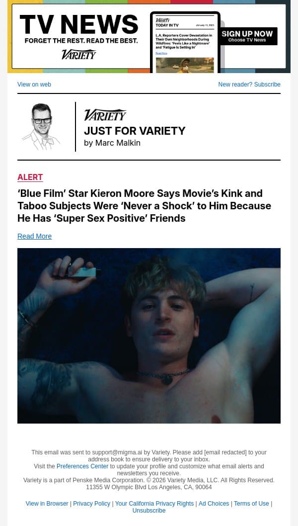 ‘Blue Film’ Star Kieron Moore Says Movie’s Kink and Taboo Subjects Were ‘Never a Shock’ to Him Because He Has ‘Super Sex Positive’ Friends email from Variety screenshot