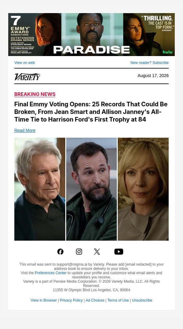 Final Emmy Voting Opens: 25 Records That Could Be Broken, From Jean Smart and Allison Janney's All-Time Tie to Harrison Ford's First Trophy at 84 email from Variety screenshot