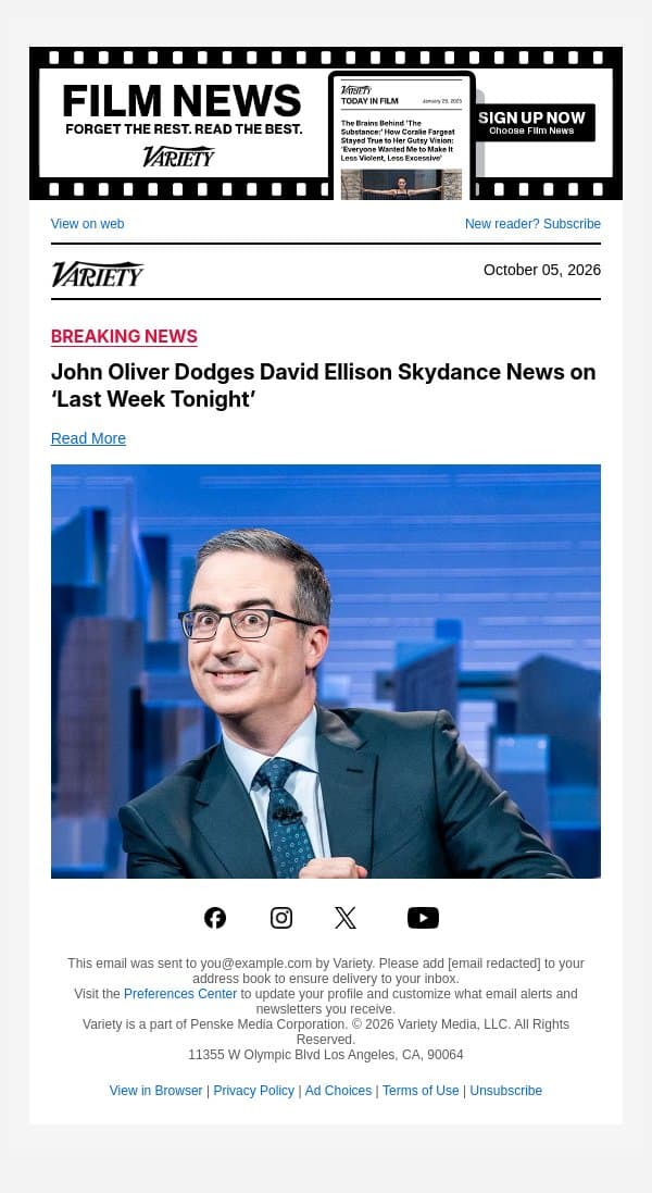 John Oliver Dodges David Ellison Skydance News on ‘Last Week Tonight’ email from Variety screenshot
