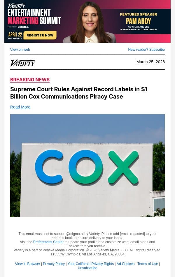 Supreme Court Rules Against Record Labels in $1 Billion Cox Communications Piracy Case email from Variety screenshot