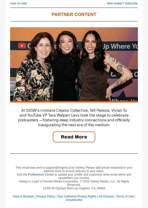 YouTube Ushers in Podcasting’s Next Era With Exclusive Event and New ‘Top Podcasts Lineups’ for Brands email from Variety screenshot