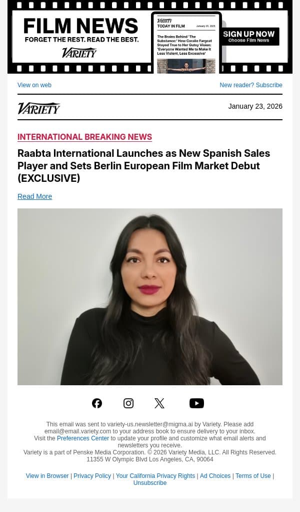 Raabta International Launches as New Spanish Sales Player and Sets Berlin European Film Market Debut (EXCLUSIVE) email from Variety screenshot