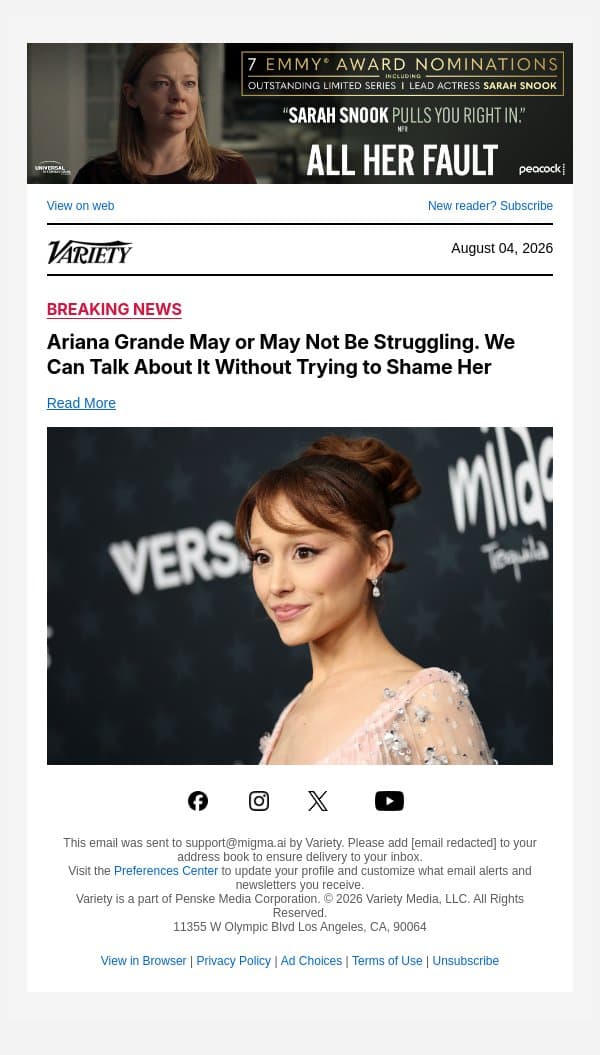 Ariana Grande May or May Not Be Struggling. We Can Talk About It Without Trying to Shame Her email from Variety screenshot