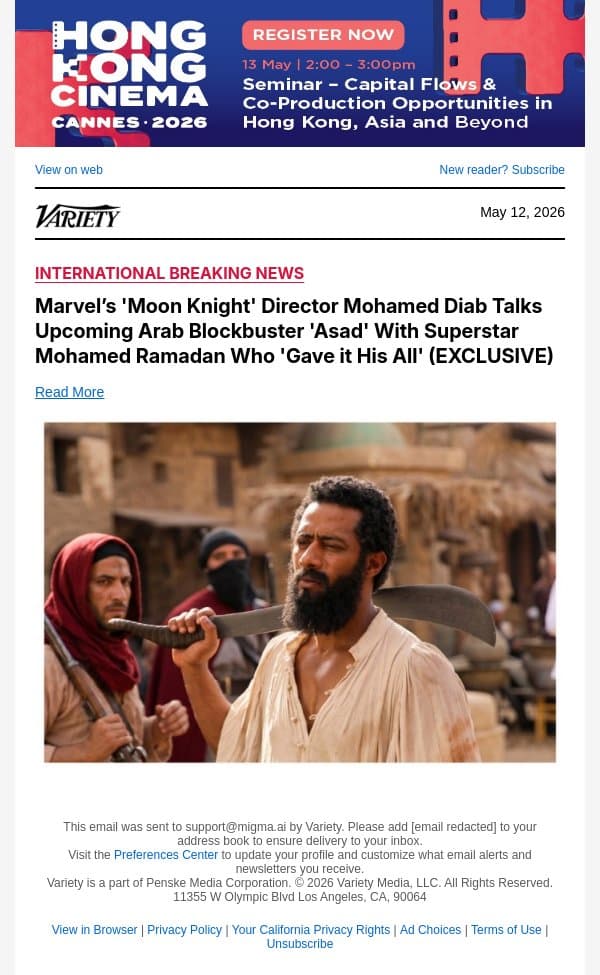 Marvel’s 'Moon Knight' Director Mohamed Diab Talks Upcoming Arab Blockbuster 'Asad' With Superstar Mohamed Ramadan Who 'Gave it His All' (EXCLUSIVE) email from Variety screenshot
