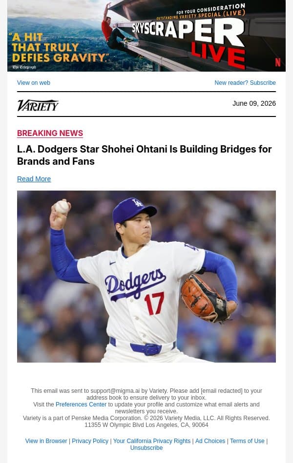 L.A. Dodgers Star Shohei Ohtani Is Building Bridges for Brands and Fans email from Variety screenshot