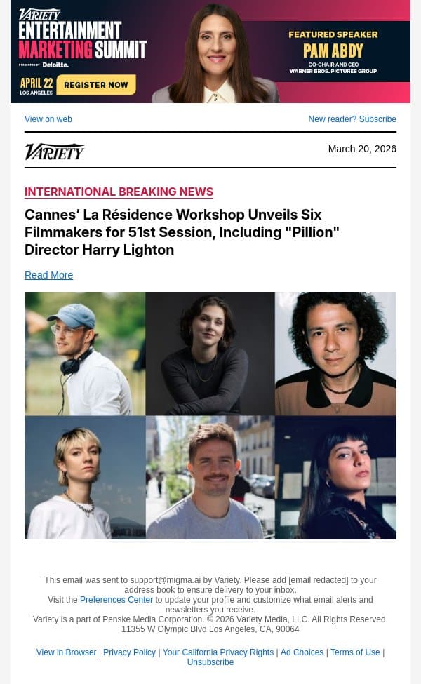 Cannes’ La Résidence Workshop Unveils Six Filmmakers for 51st Session, Including "Pillion" Director Harry Lighton email from Variety screenshot
