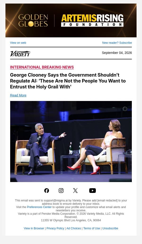 George Clooney Says the Government Shouldn’t Regulate AI: ‘These Are Not the People You Want to Entrust the Holy Grail With' email from Variety screenshot