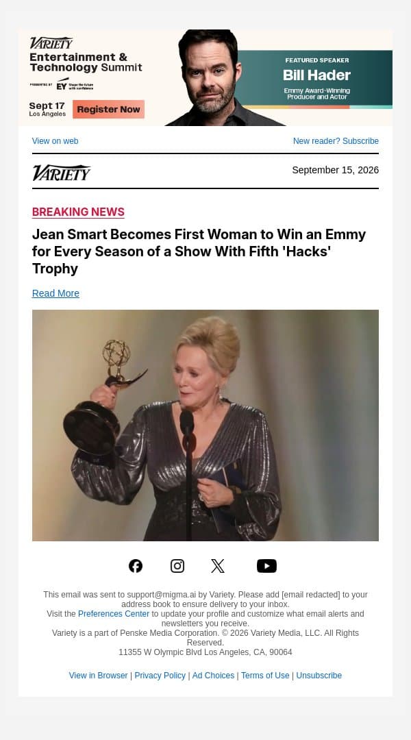 Jean Smart Becomes First Woman to Win an Emmy for Every Season of a Show With Fifth 'Hacks' Trophy email from Variety screenshot
