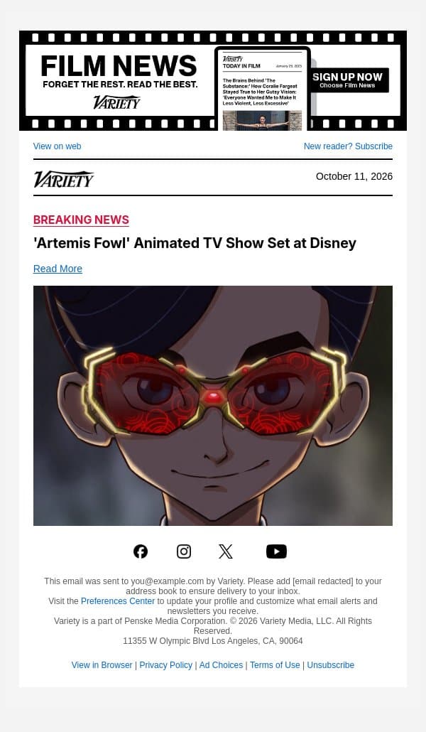 'Artemis Fowl' Animated TV Show Set at Disney email from Variety screenshot