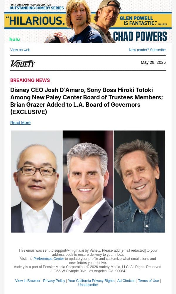 Disney CEO Josh D'Amaro, Sony Boss Hiroki Totoki Among New Paley Center Board of Trustees Members; Brian Grazer Added to L.A. Board of Governors (EXCLUSIVE) email from Variety screenshot