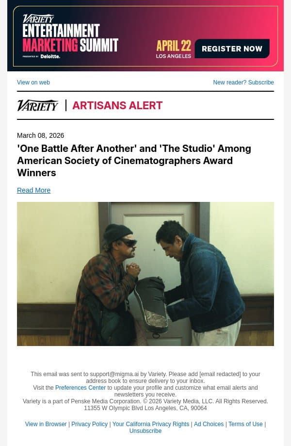 'One Battle After Another' and 'The Studio' Among American Society of Cinematographers Award Winners email from Variety screenshot