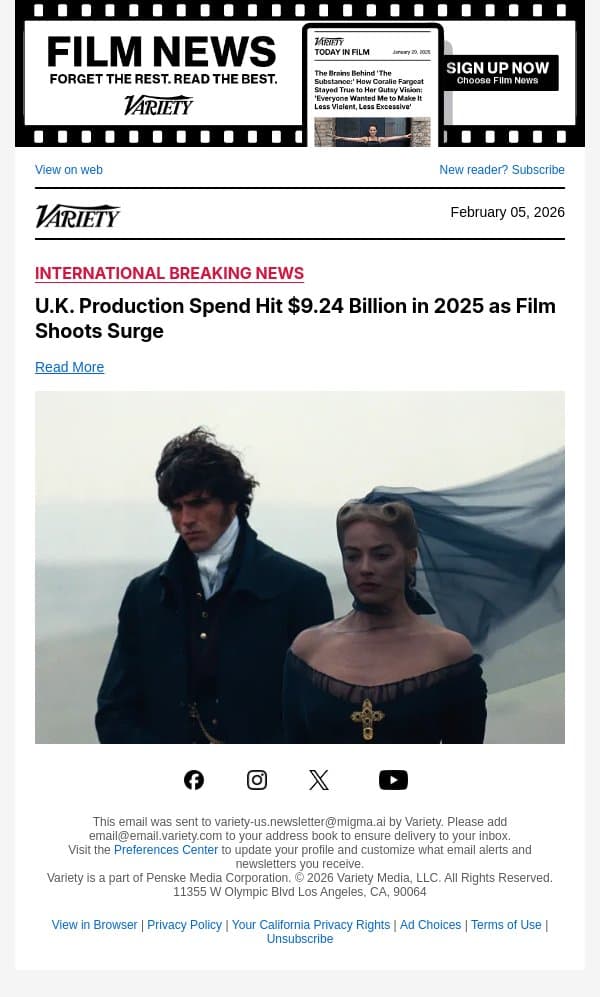 U.K. Production Spend Hit $9.24 Billion in 2025 as Film Shoots Surge email from Variety screenshot