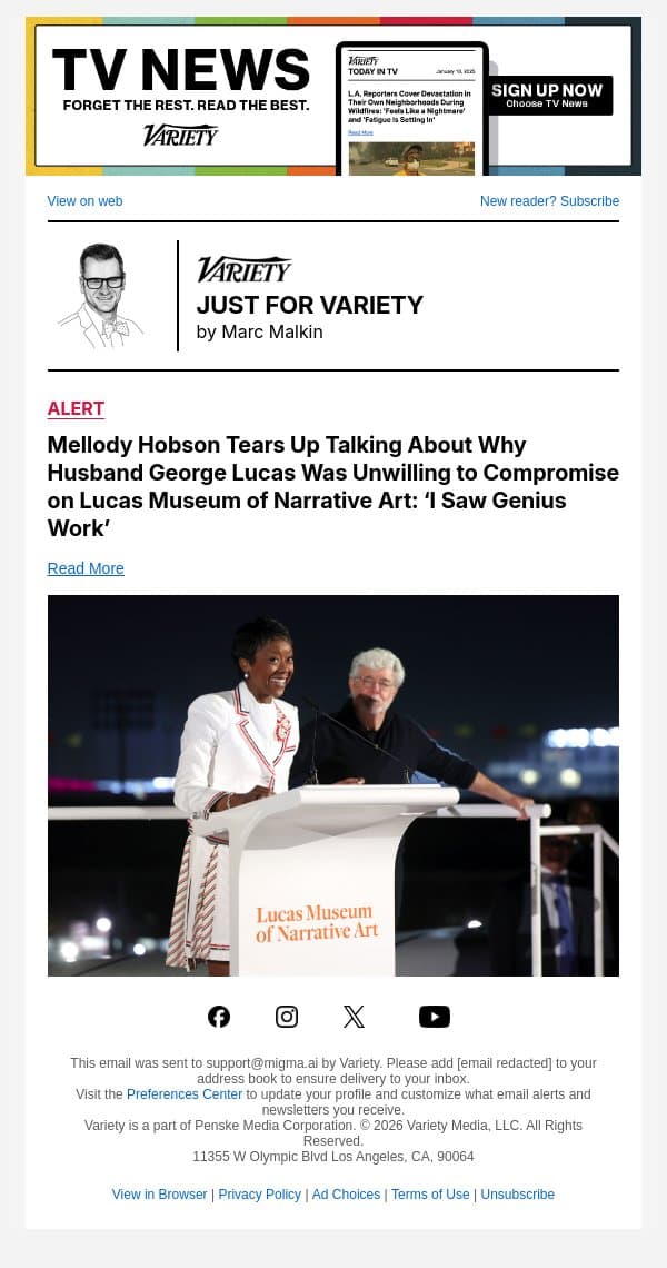Mellody Hobson Tears Up Talking About Why Husband George Lucas Was Unwilling to Compromise on Lucas Museum of Narrative Art: ‘I Saw Genius Work’ email from Variety screenshot