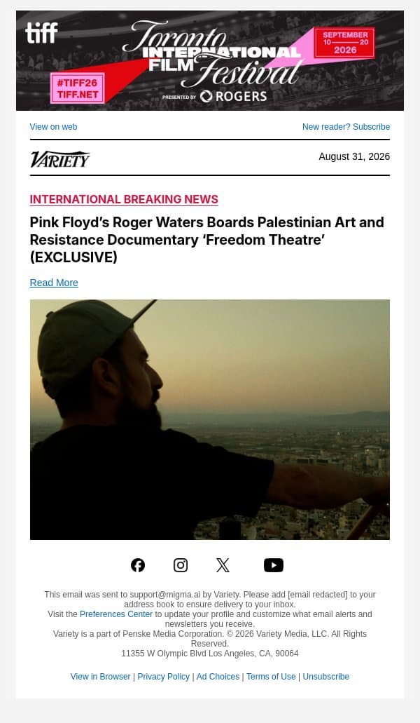 Pink Floyd’s Roger Waters Boards Palestinian Art and Resistance Documentary ‘Freedom Theatre’ (EXCLUSIVE) email from Variety screenshot