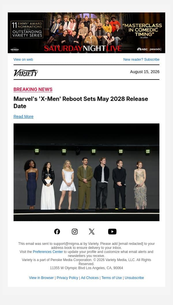 Marvel's 'X-Men' Reboot Sets May 2028 Release Date email from Variety screenshot