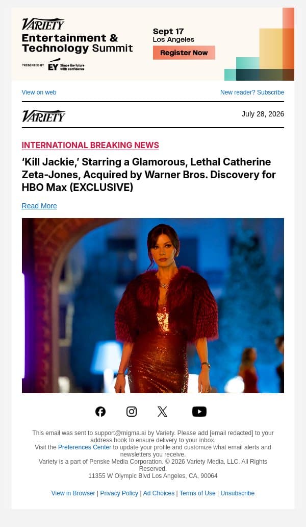 ‘Kill Jackie,’ Starring a Glamorous, Lethal Catherine Zeta-Jones, Acquired by Warner Bros. Discovery for HBO Max (EXCLUSIVE) email from Variety screenshot