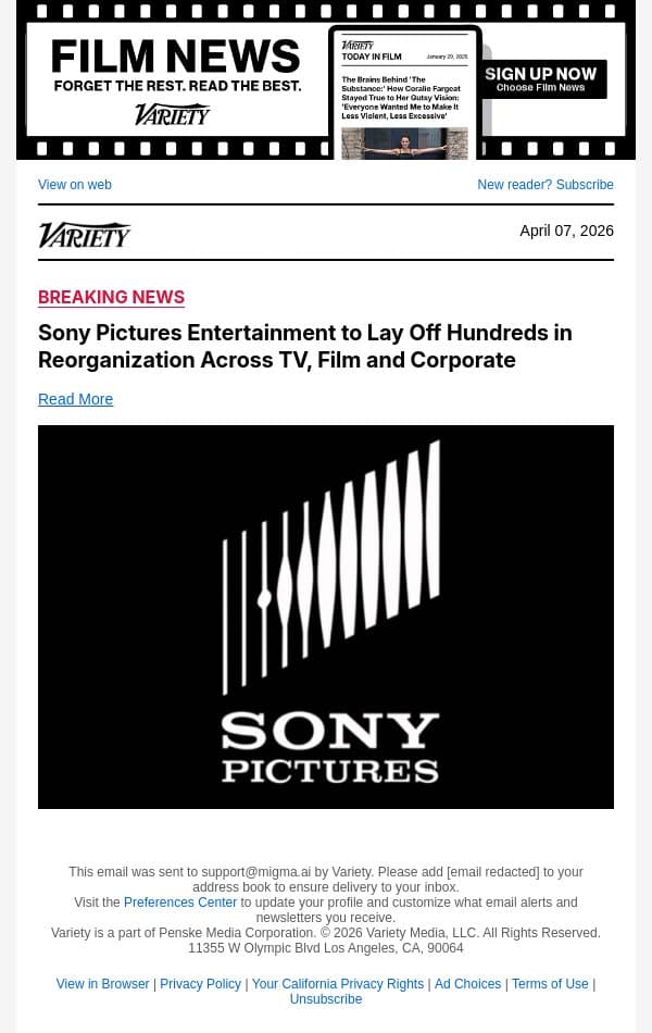 Sony TV Comedy Development Chief Colin Davis Exits Amid Layoffs email from Variety screenshot