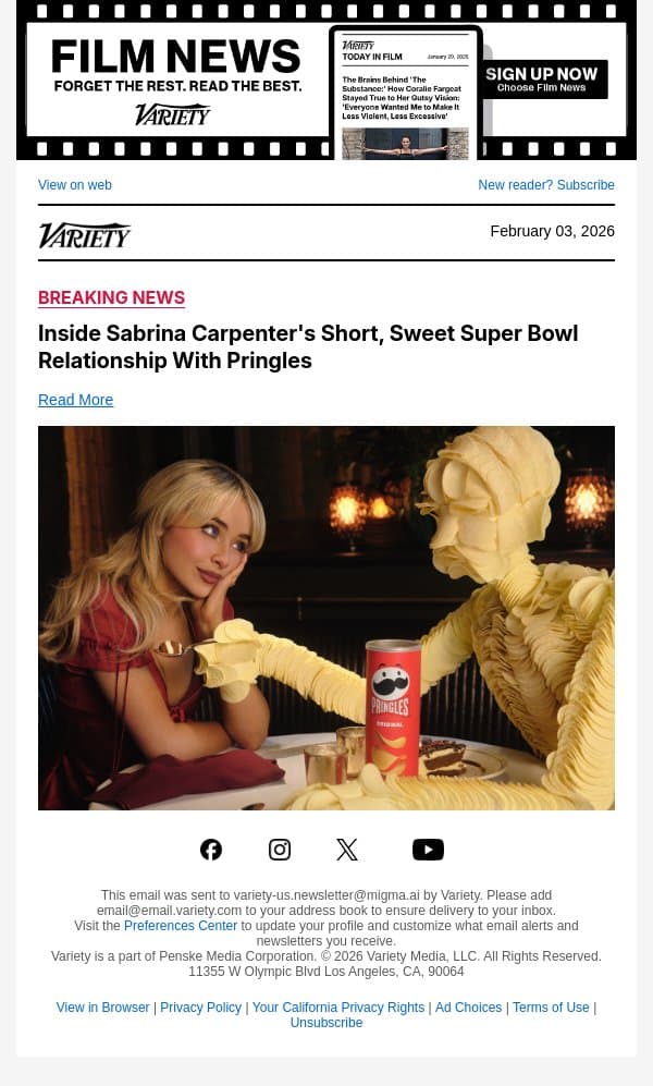 Inside Sabrina Carpenter's Short, Sweet Super Bowl Relationship With Pringles email from Variety screenshot