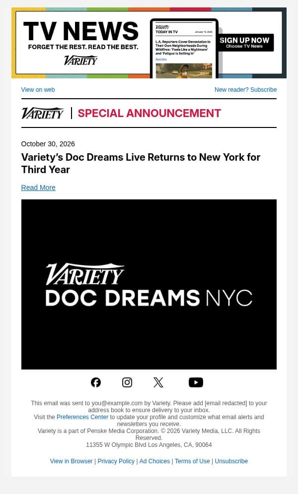 Variety’s Doc Dreams Live Returns to New York for Third Year email from Variety screenshot