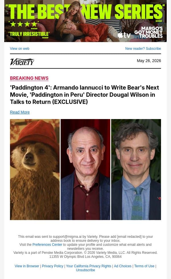 'Paddington 4': Armando Iannucci to Write Bear's Next Movie, 'Paddington in Peru' Director Dougal Wilson in Talks to Return (EXCLUSIVE) email from Variety screenshot