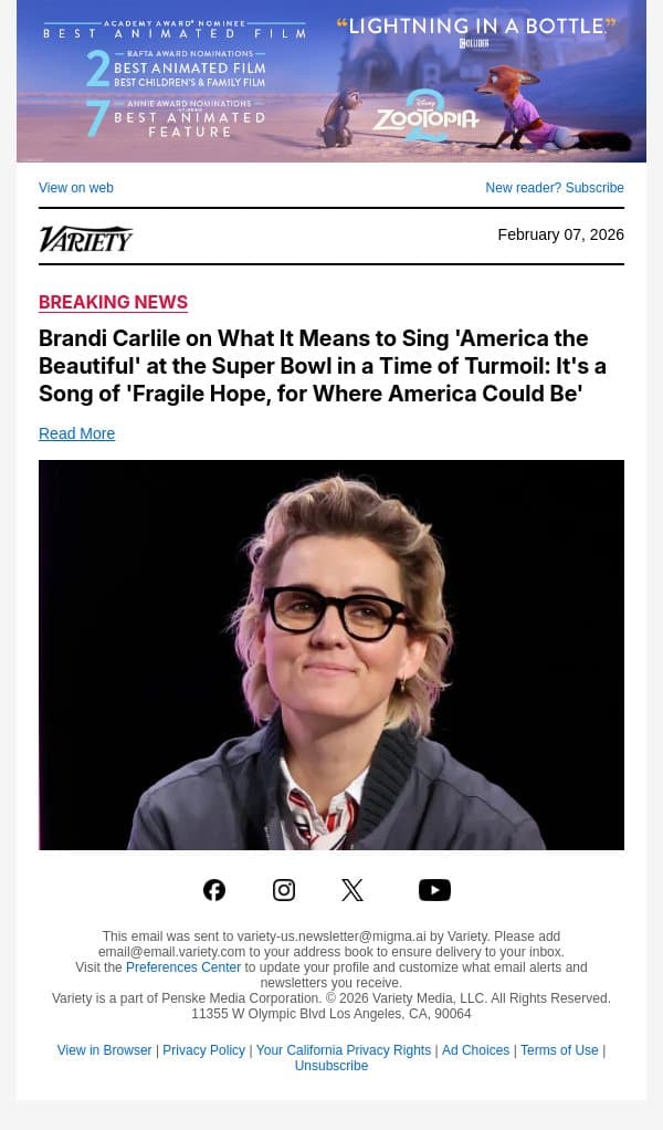 Brandi Carlile on What It Means to Sing 'America the Beautiful' at the Super Bowl in a Time of Turmoil: It's a Song of 'Fragile Hope, for Where America Could Be' email from Variety screenshot