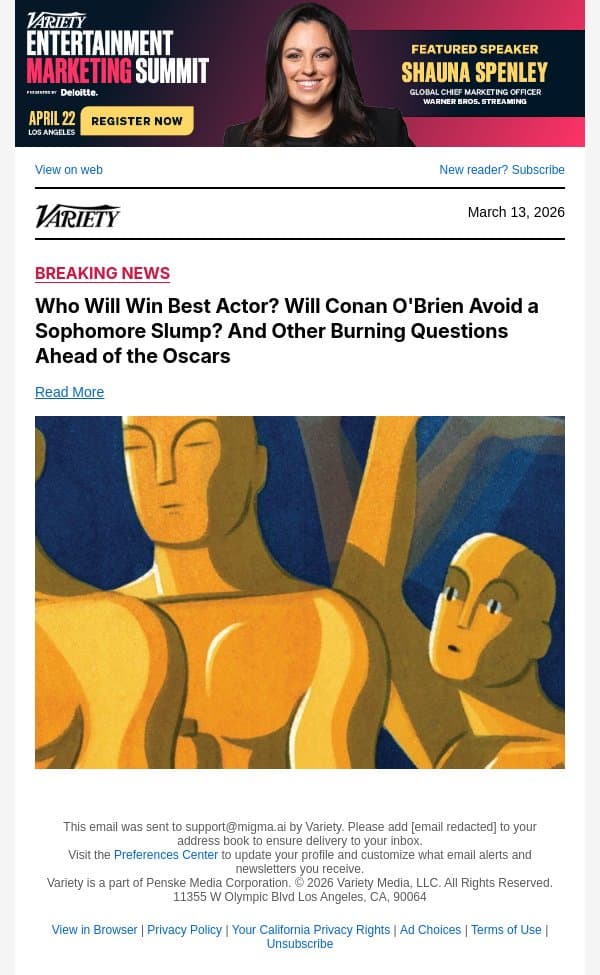 Who Will Win Best Actor? Will Conan O'Brien Avoid a Sophomore Slump? And Other Burning Questions Ahead of the Oscars email from Variety screenshot