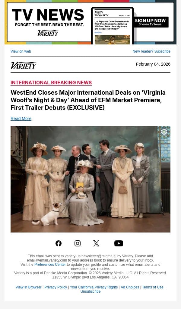 WestEnd Closes Major International Deals on ‘Virginia Woolf’s Night and Day’ Ahead of EFM Market Premiere, First Trailer Debuts (EXCLUSIVE) email from Variety screenshot
