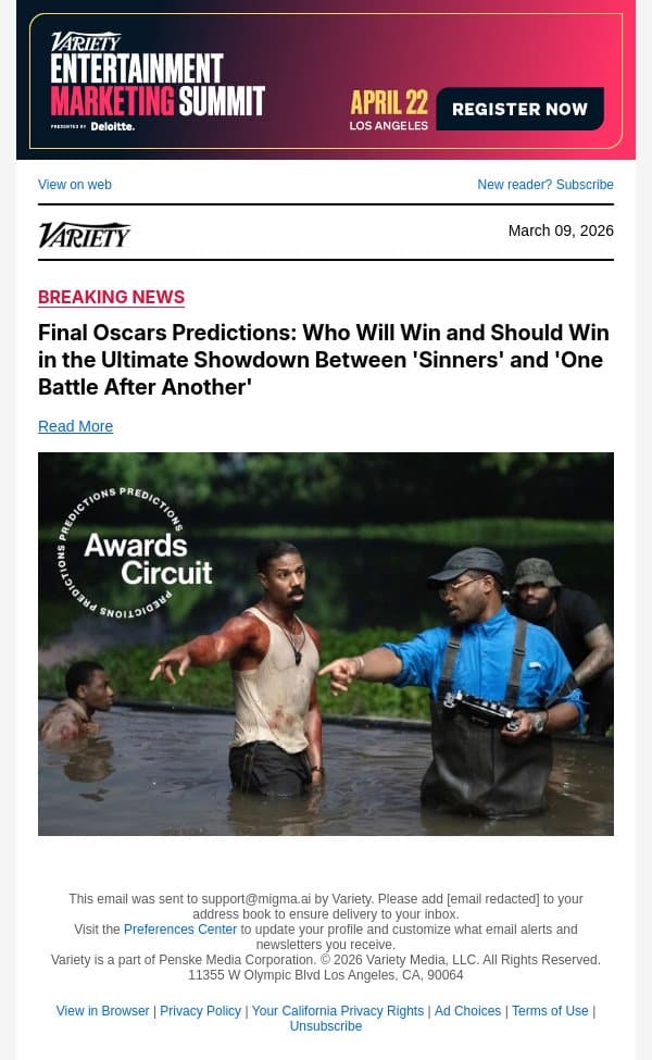 Final Oscars Predictions: Who Will Win and Should Win in the Ultimate Showdown Between 'Sinners' and 'One Battle After Another' email from Variety screenshot