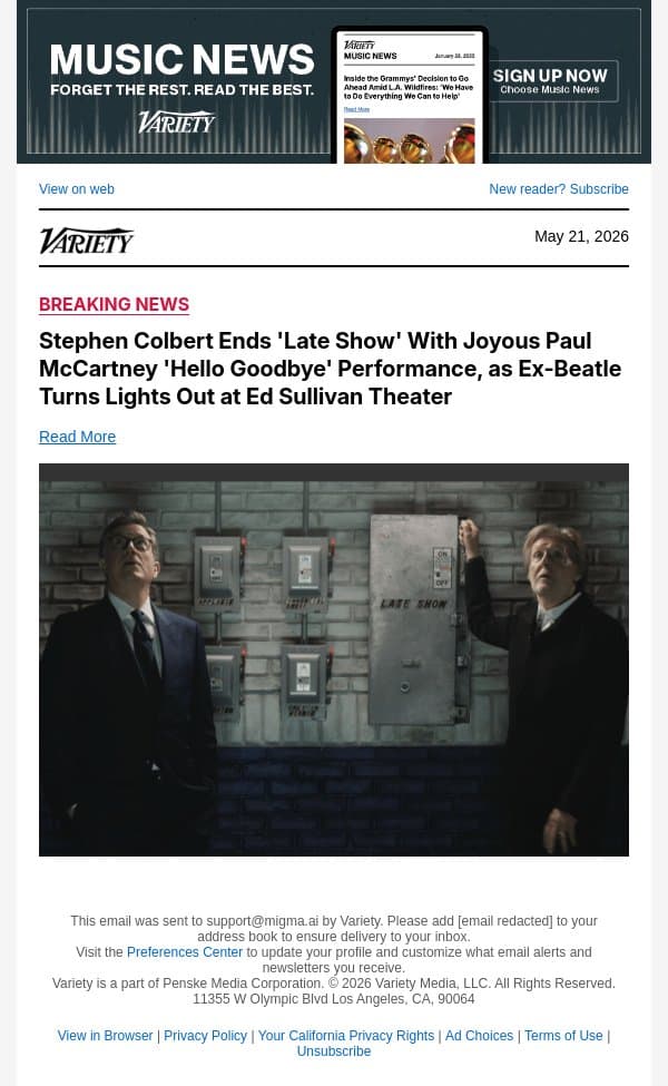 Stephen Colbert Ends 'Late Show' With Joyous Paul McCartney 'Hello Goodbye' Performance, as Ex-Beatle Turns Lights Out at Ed Sullivan Theater email from Variety screenshot