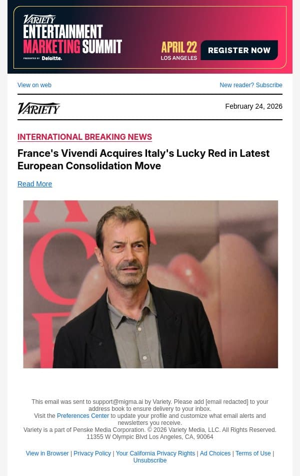 France's Vivendi Acquires Italy's Lucky Red in Latest European Consolidation Move email from Variety screenshot