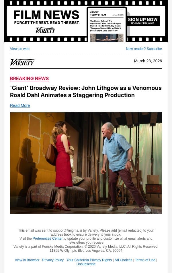 'Giant' Broadway Review: John Lithgow as a Venomous Roald Dahl Animates a Staggering Production email from Variety screenshot