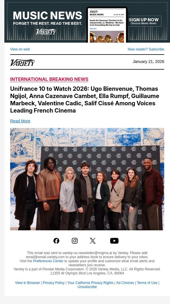 Unifrance 10 to Watch 2026: Ugo Bienvenue, Thomas Ngijol, Anna Cazenave Cambet, Ella Rumpf, Guillaume Marbeck, Valentine Cadic, Salif Cissé Among Voices Leading French Cinema email from Variety screenshot