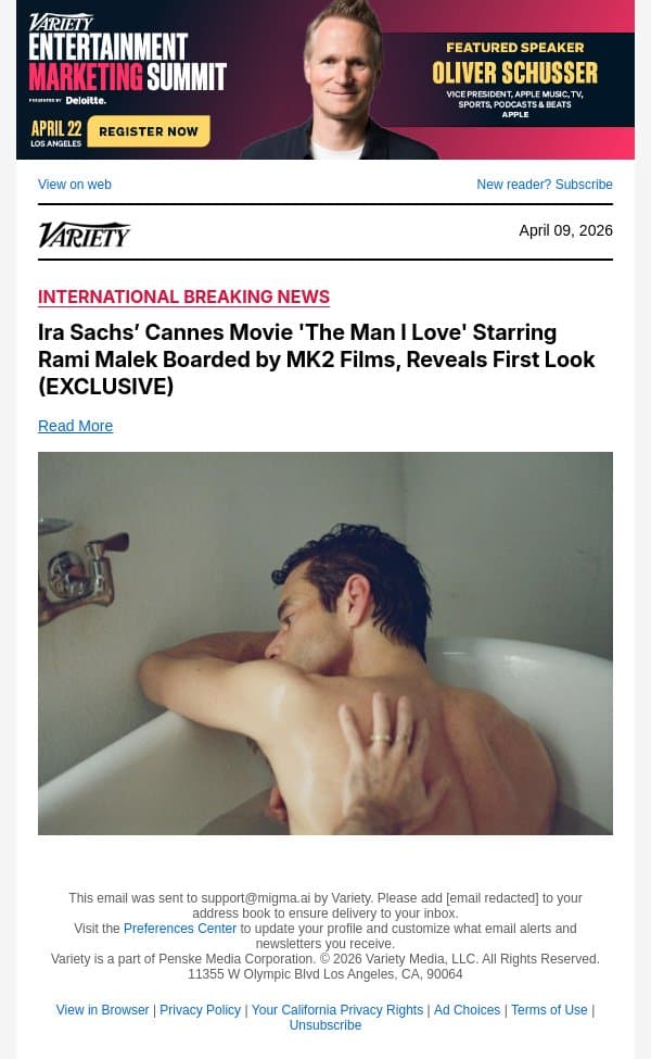 Ira Sachs’ Cannes Movie 'The Man I Love' Starring Rami Malek Boarded by MK2 Films, Reveals First Look (EXCLUSIVE) email from Variety screenshot