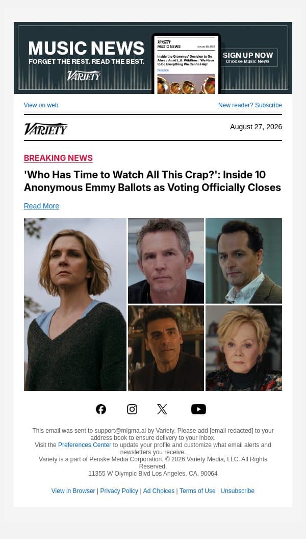 'Who Has Time to Watch All This Crap?': Inside 10 Anonymous Emmy Ballots as Voting Officially Closes email from Variety screenshot
