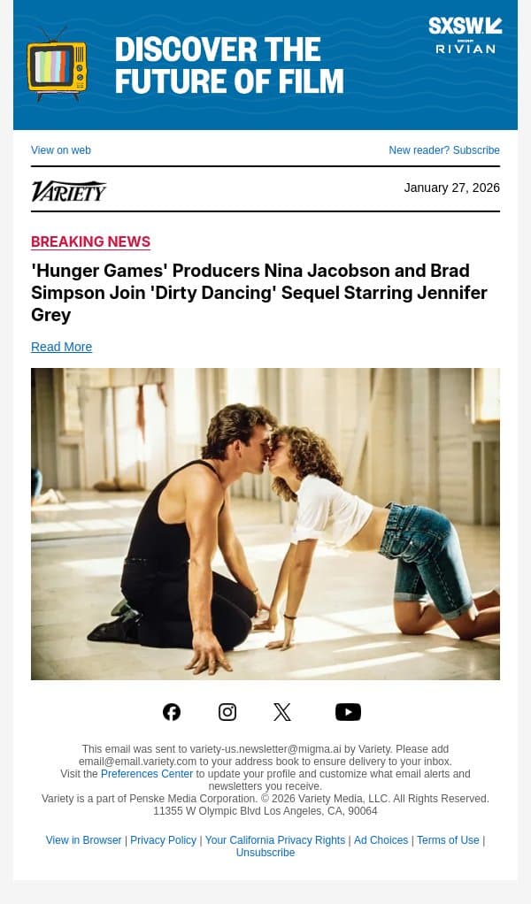 'Hunger Games' Producers Nina Jacobson and Brad Simpson Join 'Dirty Dancing' Sequel Starring Jennifer Grey email from Variety screenshot