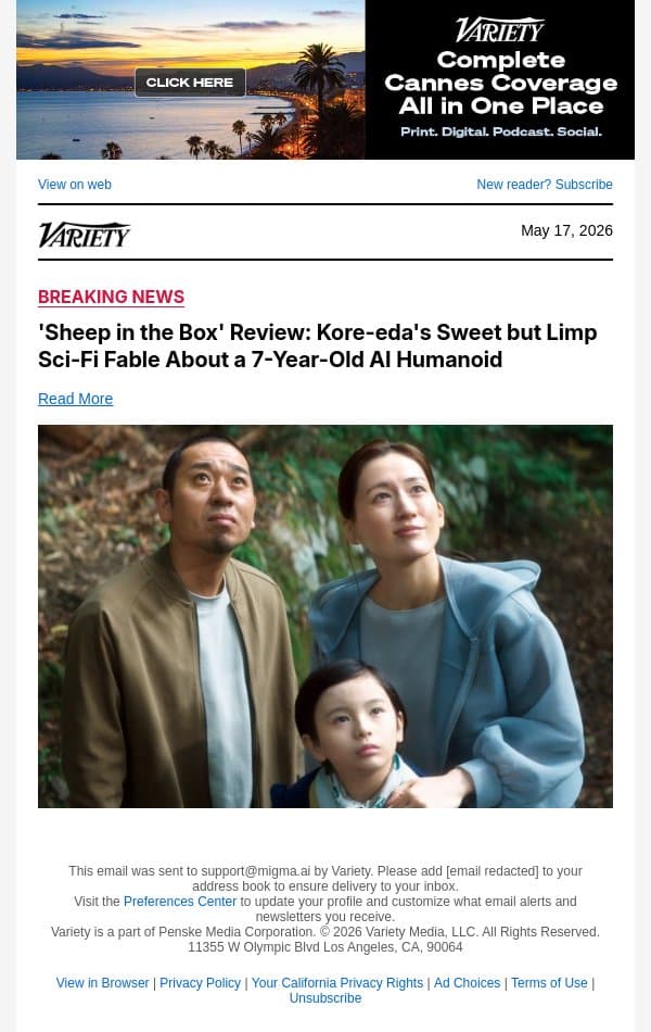 'Sheep in the Box' Review: Kore-eda's Sweet but Limp Sci-Fi Fable About a 7-Year-Old AI Humanoid email from Variety screenshot